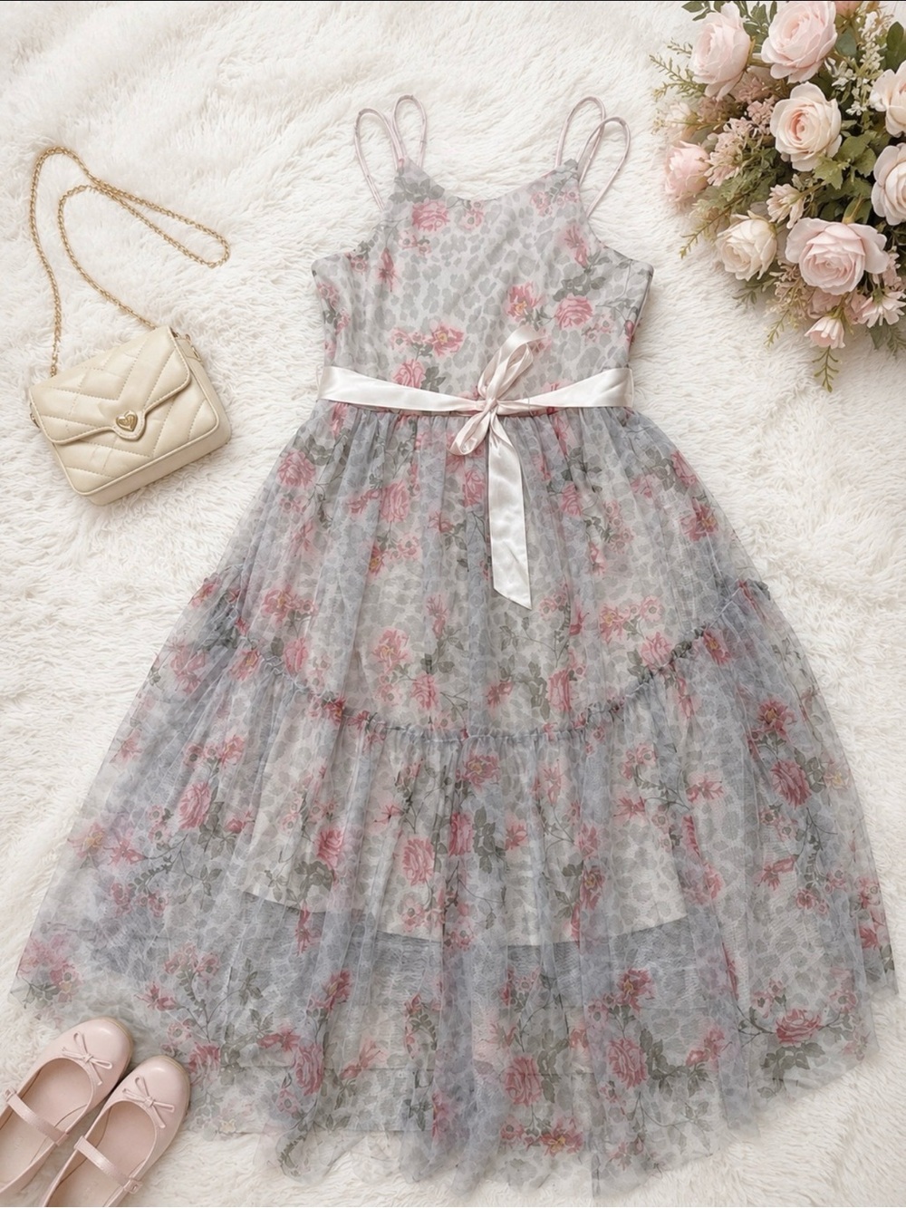 Girls' Pink Floral Tulle Dress with Satin Ribbon